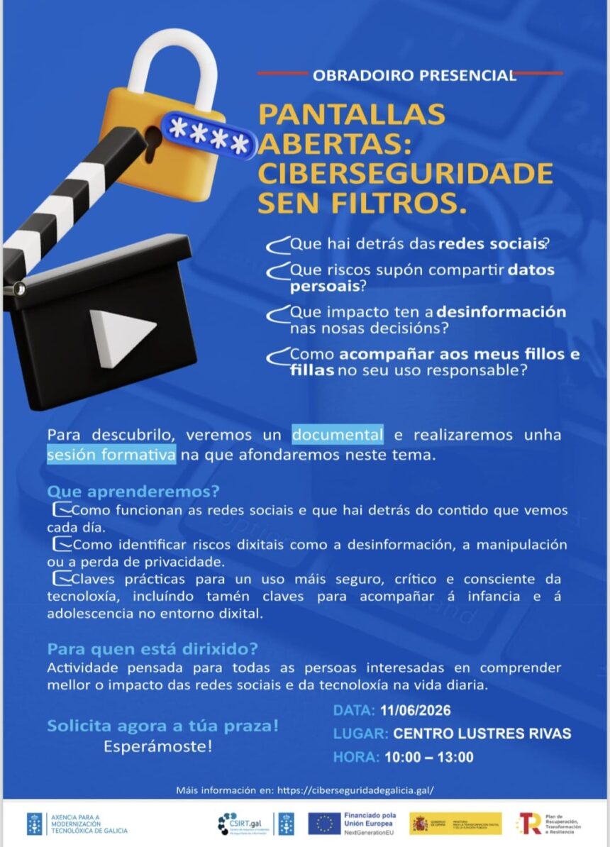 Cartel do obradoiro presencial sobre o impacto das redes sociais Xuno 2026