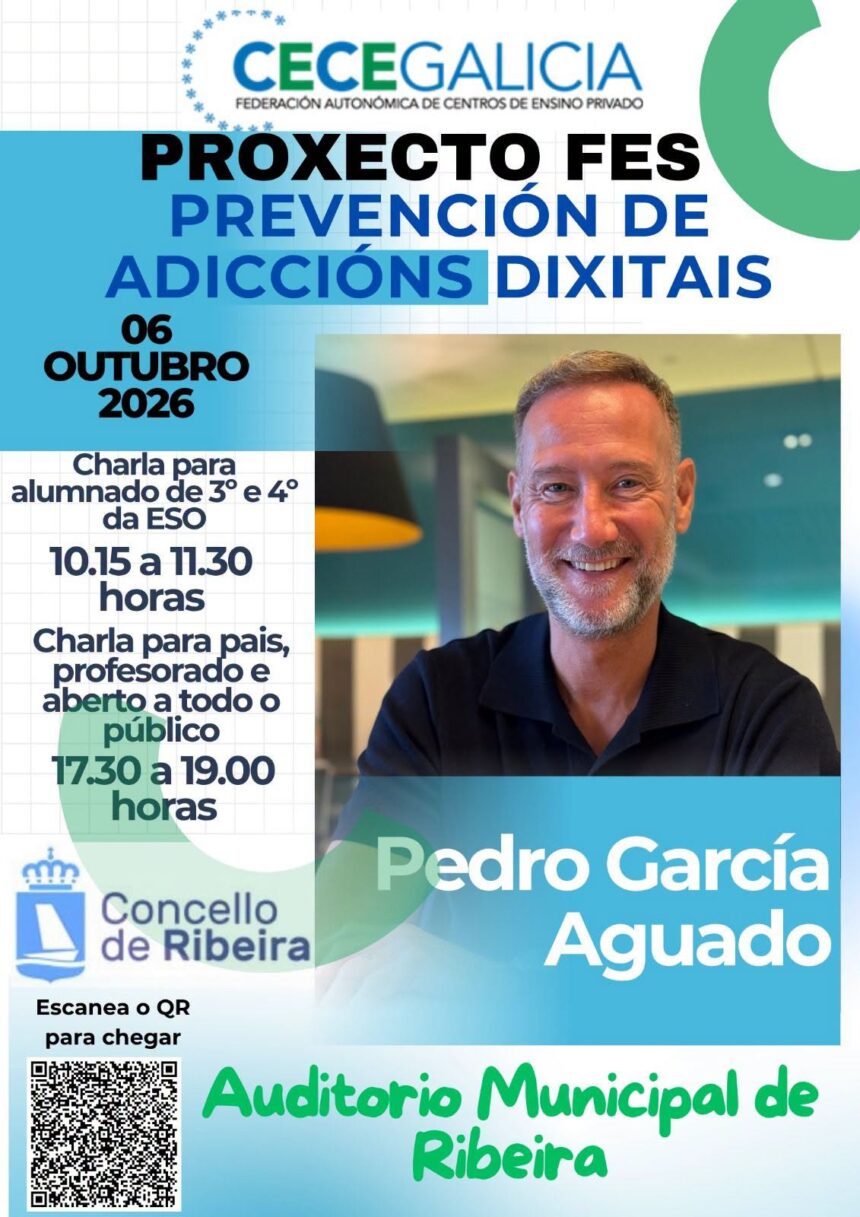 Cartel da charla de Pedro Garcia Aguado no proxecto FES de prevencion de adiccions dixitais Outubro 2026